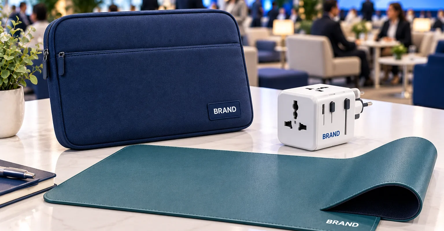 Navy laptop sleeve beside a white travel adapter and teal desk mat with a curled edge