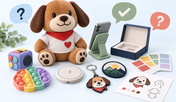 Promotional products with artwork samples and question-and-answer symbols